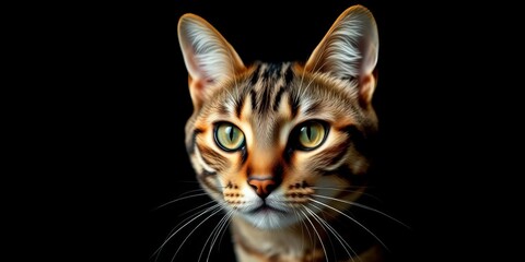 Obraz premium Close-up of a brown tabby cat's face against a stark black backdrop, sharp focus, eyes