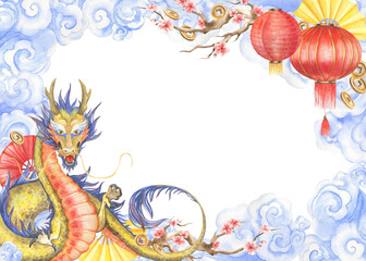 Chinese Dragon and red lanterns hanging on Sakura branch tree flying with blue swirl clouds, fans and gold coins. Chinese lunar new year rectangular frame watercolor illustration. Hand drawn postcard
