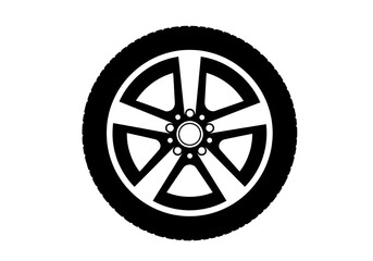 Obraz premium A black and white illustration of a car wheel with a five spoke rim on a white background space provided