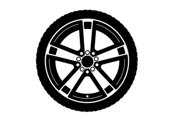 A black and white vector illustration of a car tire with a five spoke rim on a white background