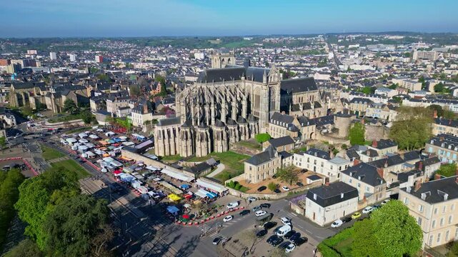 Le Mans cityscape, Cathedrale Saint-Julien and March&eacute; des Jacobins. Sarthe, France. Aerial drone panoramic view