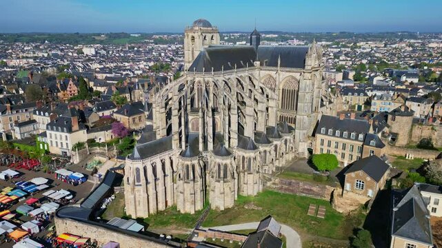 Aerial flying around Le Mans Cathedral and Jacobins Market, France