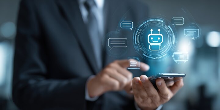 a businessman uses online customer data exchange and analysis with a chat bot. Artificial intelligence and CRM software technology, a customer service centre. High quality