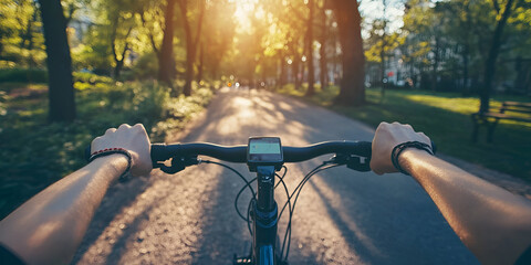 Cyclist Riding Bike Through Scenic Park Path at Sunset, Outdoor Exercise, Healthy Active Lifestyle
