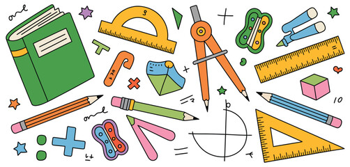 Back to School Colorful Stationery and Math Supplies