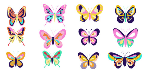 Trendy groovy butterfly set isolated, bright color, for stickers, element design