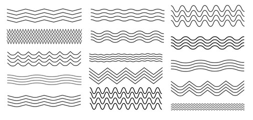 Set of corrugated waves, line flat vector wriggle decoration, vawes line set