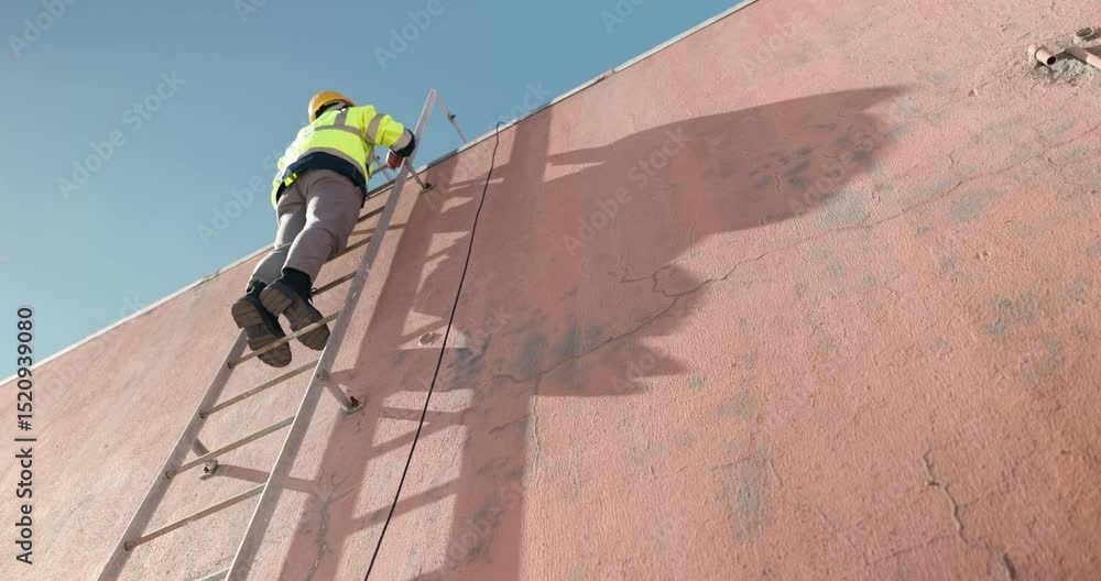 Aufkleber man, technician and climbing wall on ladder with helmet for rooftop installation or construction, lo