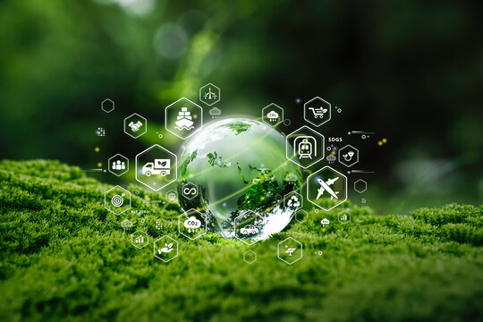 Green logistic or Sustainable transportation. Sustainable global transport. supply chain of logistics or travel with clean energy and eco friendly to Net zero carbon emission. Globe with icons on moss