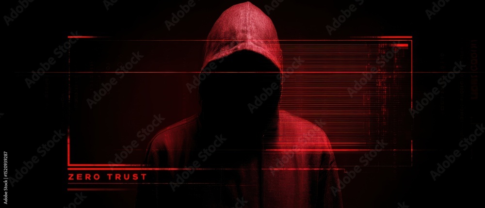 Poster a mysterious hooded figure stands in darkness with digital red glitch effects and the text 