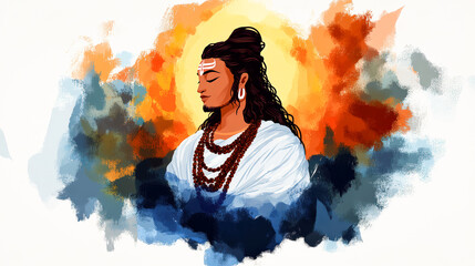 Serene Hindu God Shiva Digital Painting Mahadev Portrait Religious Artwork Colorful Illustration Indian Mythology Spiritual Deity Divine Masculine Energy Meditation Yoga Peace Harmony Artistic