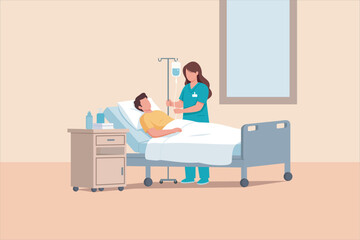 Illustration Nurse Caring for Patient in Hospital Room. female nurse adjusting an IV drip for a male patient lying in a hospital bed. Vector illustration.