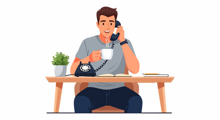Man is talking on a vintage phone while holding coffee at his desk while working, perfect for illustrating home office or communication themes.