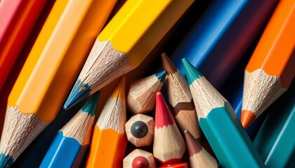 Naklejka premium Close-up of sharpened pencils arranged in a collaborative formation, synergy, pencils