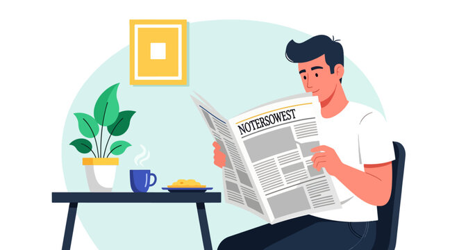 A man is reading the newspaper while having a coffee and some biscuits at home for relaxation.