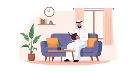 A man in traditional Arabic clothing is reading a book while sitting on a sofa in a living room, suggesting the image can be used to represent reading, relaxation, or Middle Eastern culture.