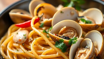 Close-up of spaghetti alle vongole, garlic, chili, parsley, clams in white wine sauce,  parsley,  chili