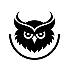 Naklejka premium Black owl head logo vector with elegant sharp eye details and curved horns.