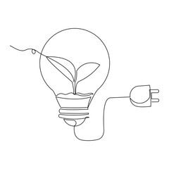 Continuous line drawing of light bulb with sprout seed plant growth. Green electric energy sketch art editable stroke vector illustration