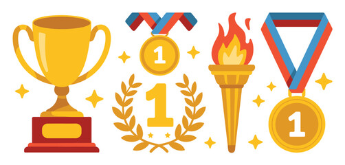 First Place Winner Awards Trophy, Medal, Torch, and Laurel Wreath