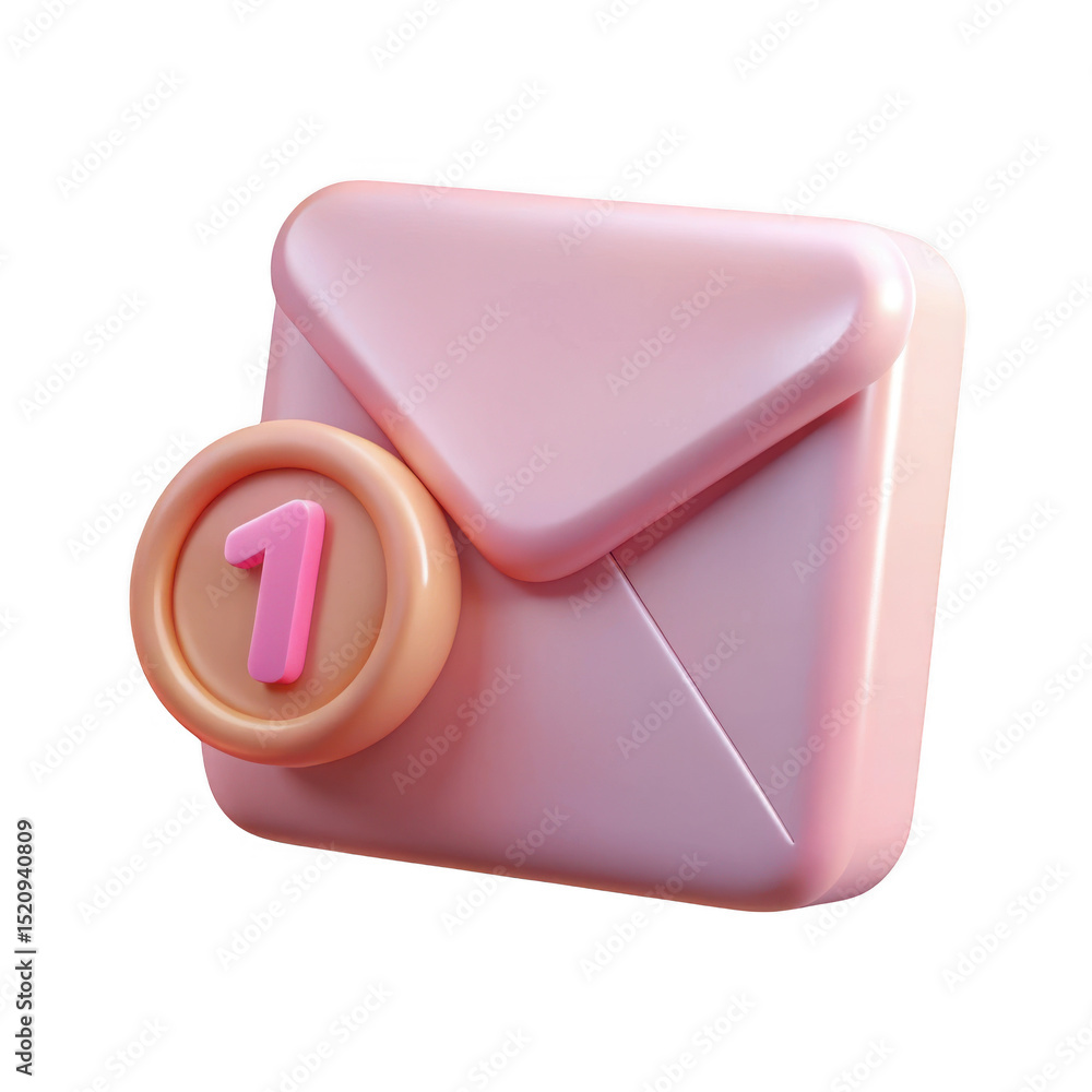 Poster 3d pink envelope icon with one new message isolated on transparent background