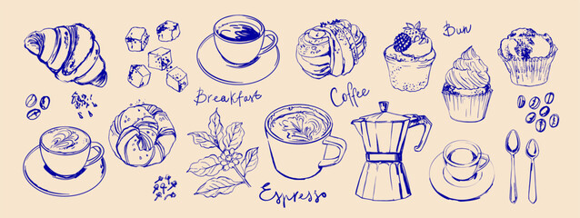 Hand drawn line food illustration vector. Coffee, breakfast, buns.