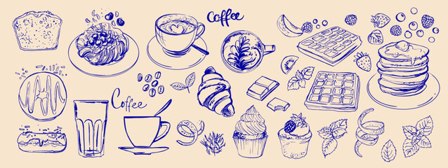 Hand drawn line food illustration vector. Coffee, breakfast, buns.