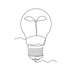 Continuous line drawing of light bulb with sprout seed plant growth. Green electric energy sketch art editable stroke vector illustration