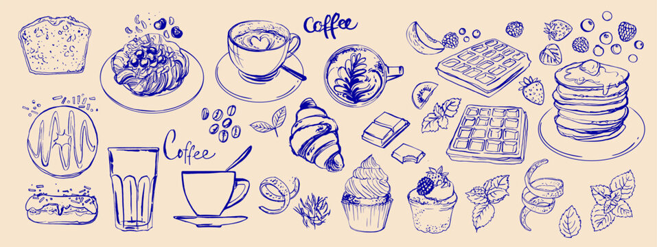 Hand drawn line food illustration vector. Coffee, breakfast, buns.