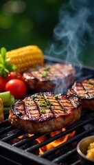Juicy grilled steaks sizzling on a hot grill, alongside vibrant vegetables and corn on the cob, ready to be served A summer feast awaits!, hot, summer food, cookout