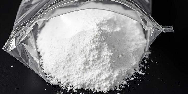 Close-up of white powder in a plastic baggie on a dark surface, crime, powder