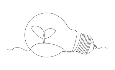 Continuous line drawing of light bulb with sprout seed plant growth. Green electric energy sketch art editable stroke vector illustration