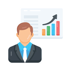 A flat icon showing data analyst reviewing digital dashboard stats