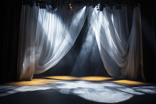 Layered translucent white textures floating over a theater stage, framed by sweeping velvet drapery and low golden footlights casting dramatic shadows 