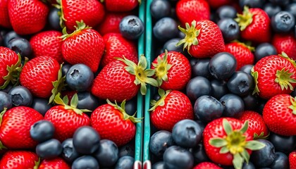 Fototapeta premium Close-up vibrant red strawberries and plump blueberries in punnets, shopping, berries
