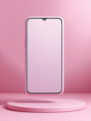 Pink smartphone mockup on a pink pedestal against a pink background.