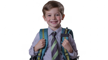 Smiling schoolboy with a backpack on a transparent background, PNG image, PNG file.