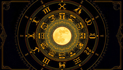 Elegant zodiac wheel with all 12 astrological signs arranged around a glowing moon, in a celestial vintage style with gold accents 2