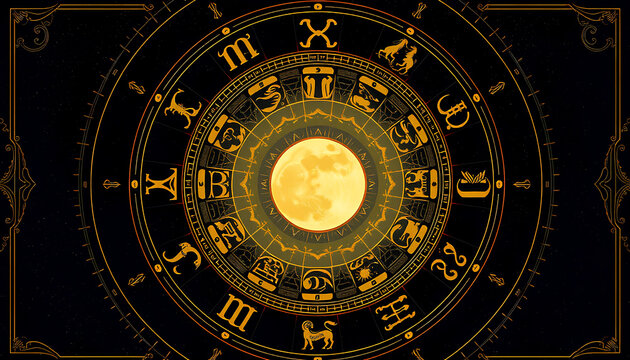 Elegant zodiac wheel with all 12 astrological signs arranged around a glowing moon, in a celestial vintage style with gold accents 2