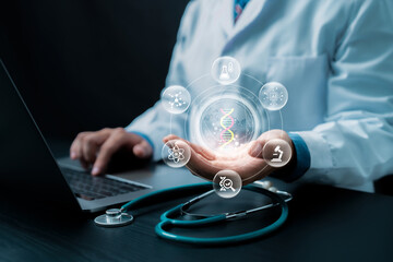 Biotechnology. A medical professional interacts with a holographic DNA display. genetic engineering...