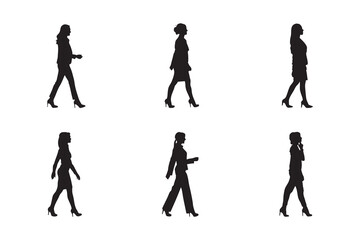 Business People Silhouette Set Young Businesswoman Walking and Group of Professionals Standing and Walking, Isolated Vector Illustrations on White Background