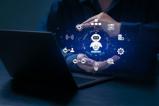 AI agent and generative artificial intelligence concept. Businessman using AI agents on screen, including chatbots, AI assistants, and data analytics tools on a laptop. LLM, Ai agentic workflows.