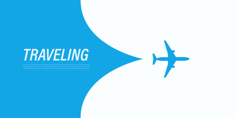 An Airplane Silhouette Opens Up the Translucent Cover Background Over the Text: Traveling. Blue Template Banner for Trip to Abroad or Vacation Web Ads. Discovering Around the World Travel Concept