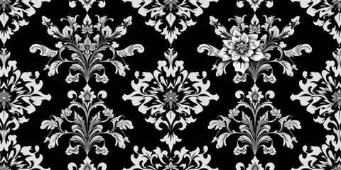 Fototapeta premium Elegant monochrome floral damask seamless pattern, intricate details, blossom, stylish