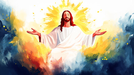 Jesus Christ Savior Son of God Messiah Lord Redeemer Christian Religion Faith Hope Love Heaven Holy Spirit Divine Light Grace Miracle Resurrection Ascension Gospel Painting Artwork Illustration