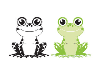Adorable cartoon frog illustrations in black and white and in vibrant green on white background