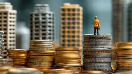 高層ビル群を背に金貨の上に立つビジネスマンのミニチュア模型