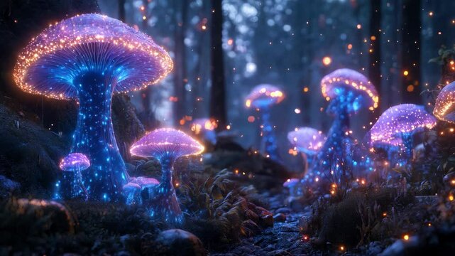 Mystical forest scene filled with glowing bioluminescent mushrooms emitting vibrant blue and orange light. 