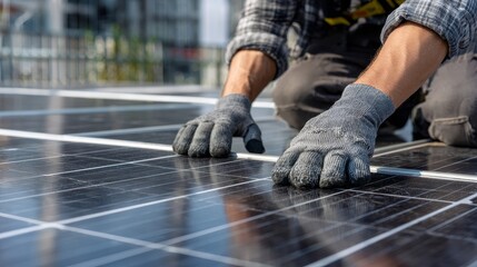Solar Panel Maintenance or Installation by Worker in Gray Gloves 