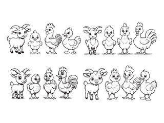 Adorable collection of hand drawn farm animals illustrations in black and white for kids